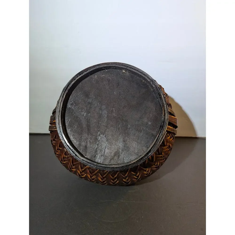 Vintage Woven Bamboo Wedding Basket Lid Chinoiserie Boho Decor